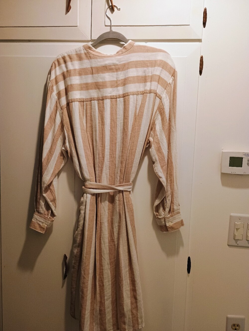 Striped Tie-Waist Shirt Dress in BlushBeige & White - Picture 4 of 4